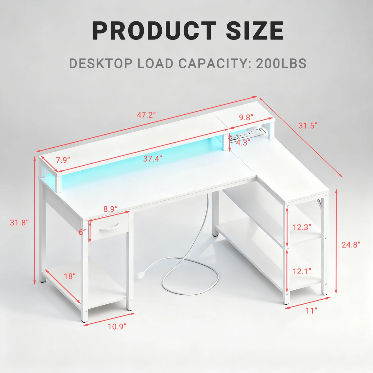 JHK L-Shaped Gaming Desk With USB And LED Lighting