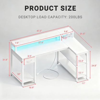 JHK L-Shaped Gaming Desk With USB And LED Lighting