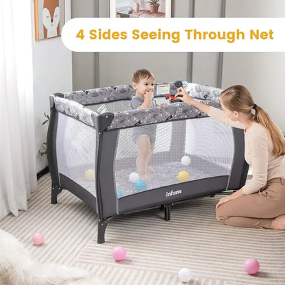 All-in-One Portable Baby Playard with Bassinet, Changing Station, Mosquito Net, Toys, Music, Storage for Toddlers - GreyTime-lim
