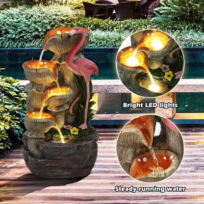 5 Tier Outdoor Indoor Water Feature Fountain, Flamingo Ornamental Cascading Waterfall with 5 LED Lights for Garden, Deck, Backya