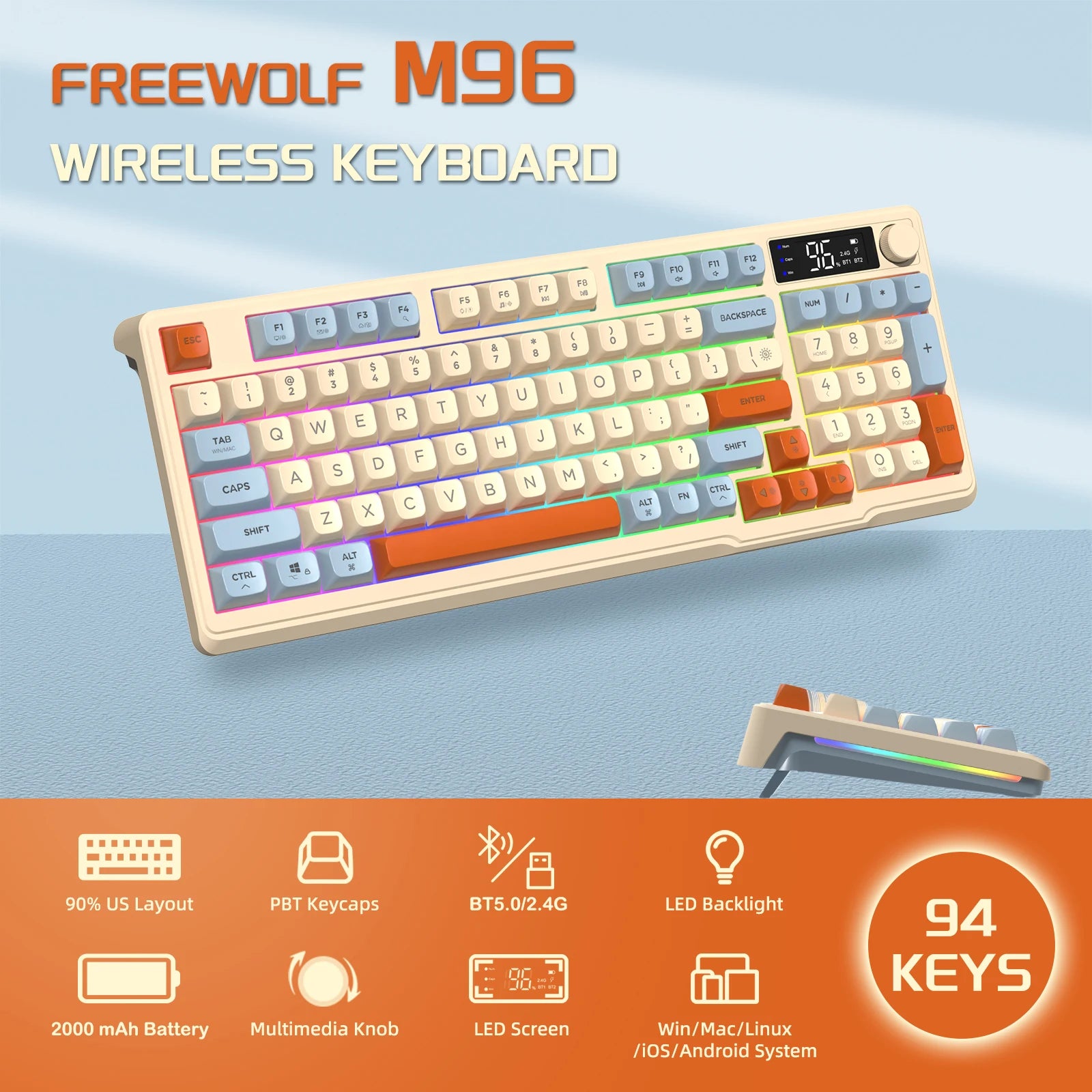 ZIYOU LANG Wireless Gaming Keyboard with Display Screen &amp; Knob, Bluetooth/2.4GHz Quiet Membrane Keyboard, 3000mAh Rechargeable