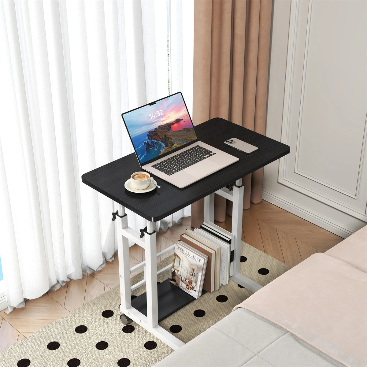 HiMISS Adjustable Height Mobile Standing Desk With Storage Basket