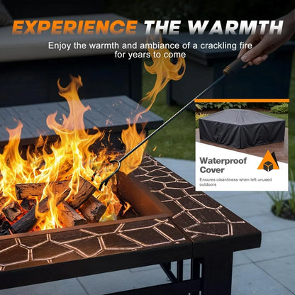 Outdoor Metal Fire Pit Table with Waterproof Cover for Patios