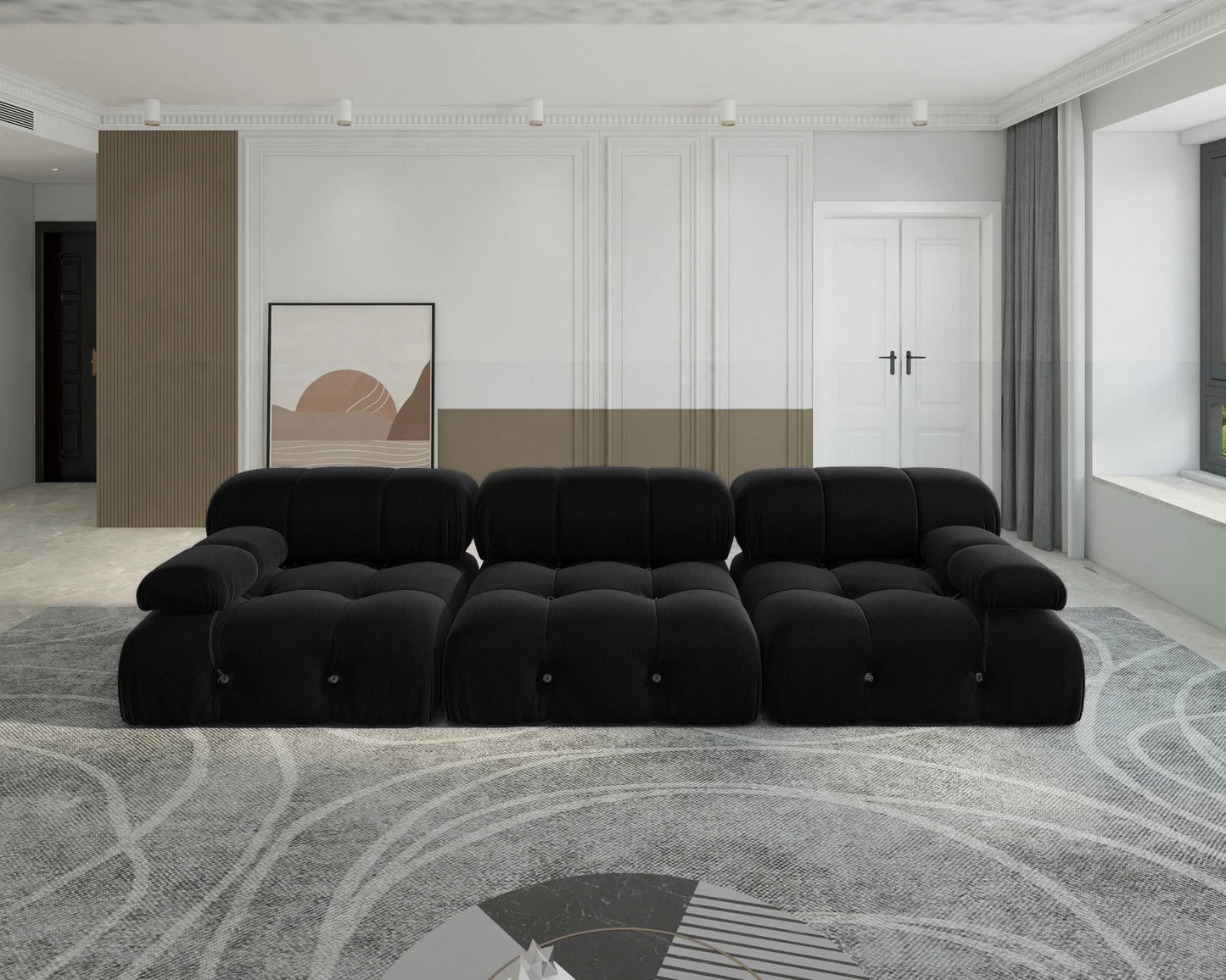 Minimalist Velvet Sectional Sofa with Modular Ottomans for Living Room