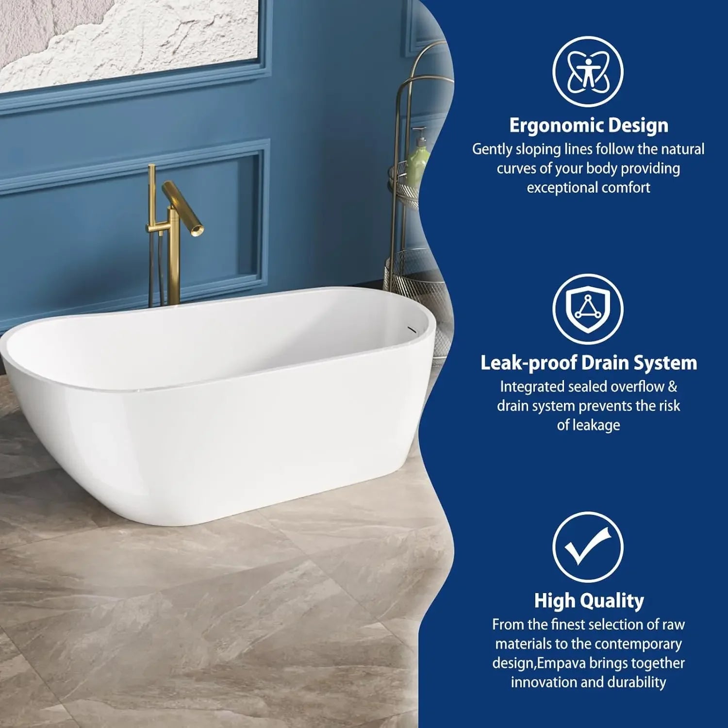 67 Inch Acrylic Freestanding Soaking Bathtub Contemporary Soaking White Tub Stand Alone Ergonomic Bathtub with Chrome Drain and