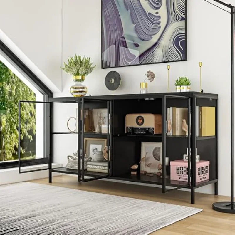 HOT Glass Shelves 4 Compartments, Sideboard Buffet with Solid Metal Legs, Modern Display Cabinet for Living Room Dining Room, Bl