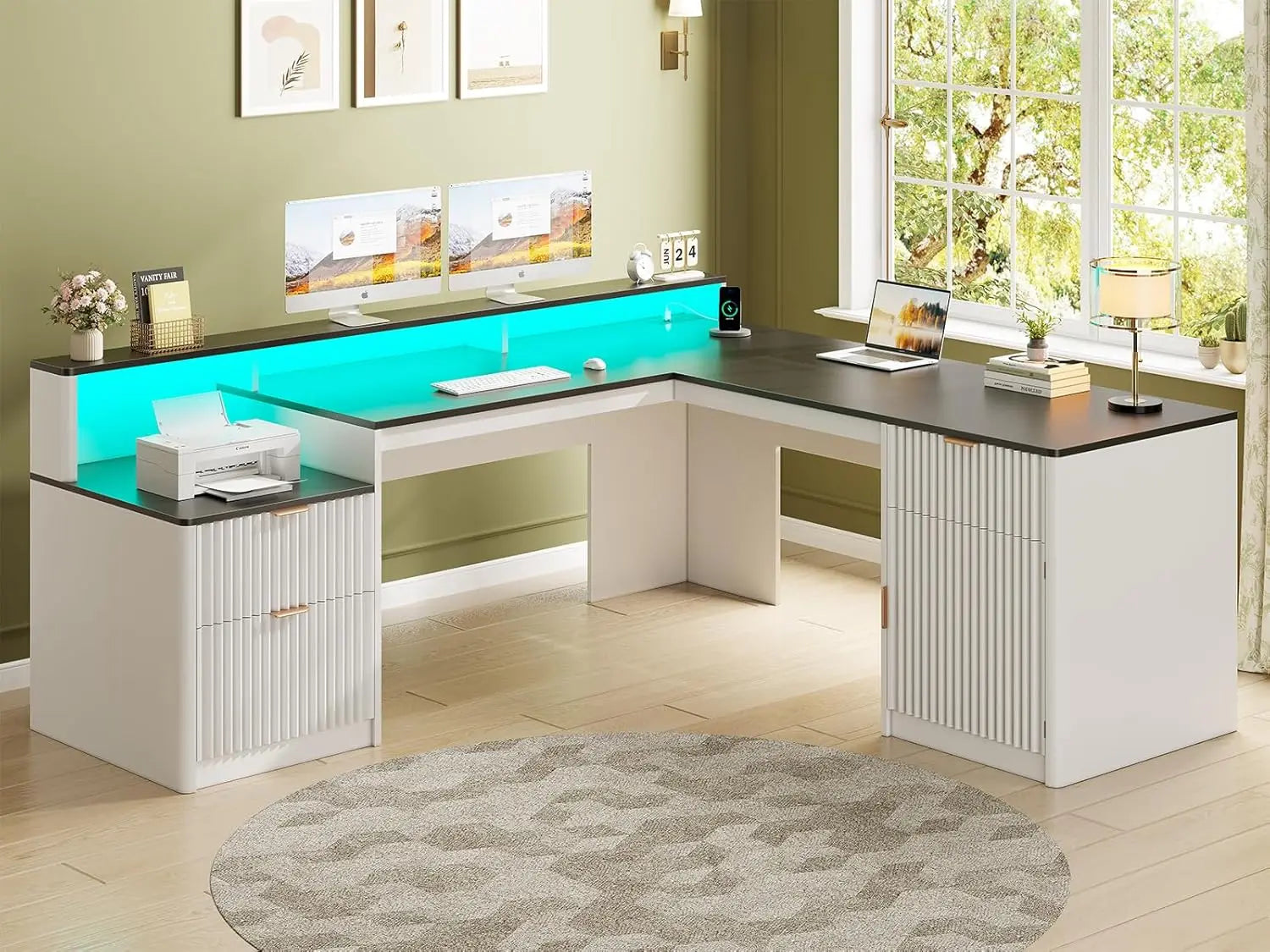 66" Modern L-Shaped Office Desk with Drawers, File Cabinet, Monitor Stand &amp; Power Outlets - Ergonomic Home Office Furniture