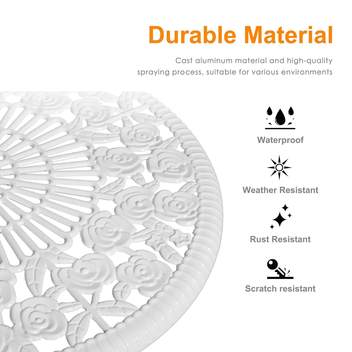 3pc Cast Aluminum Bistro Set, Rose Pattern Outdoor Garden Balcony, Rust &amp; All-Weather Resistant, White, Customized
