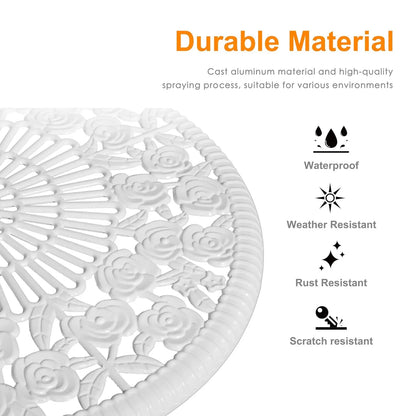 3pc Cast Aluminum Bistro Set, Rose Pattern Outdoor Garden Balcony, Rust &amp; All-Weather Resistant, White, Customized