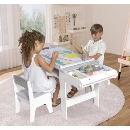 promotion-Kids Art Table Set with Chairs for Playroom, Toddler Craft and Play Wood Activity Table with Storage Bins and Paper Ro