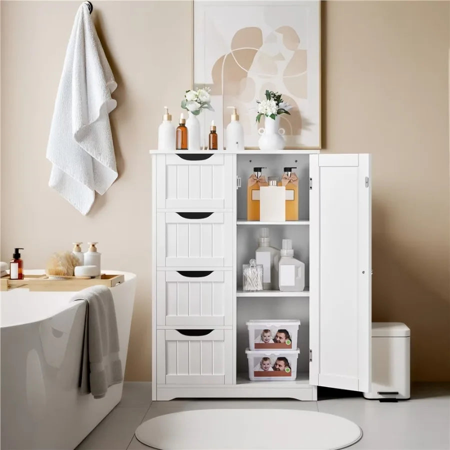 Easyfashion 4 Drawers &amp; Cupboard Bathroom Storage Organizer Cabinet White