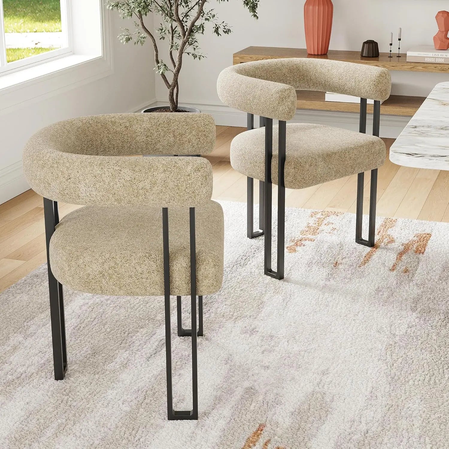 Set of 2 Upholstered Dining Arm Chairs, Bouclé Fabric Accent Chairs, Modern Armchairs with Cushioned Seat &amp; Back