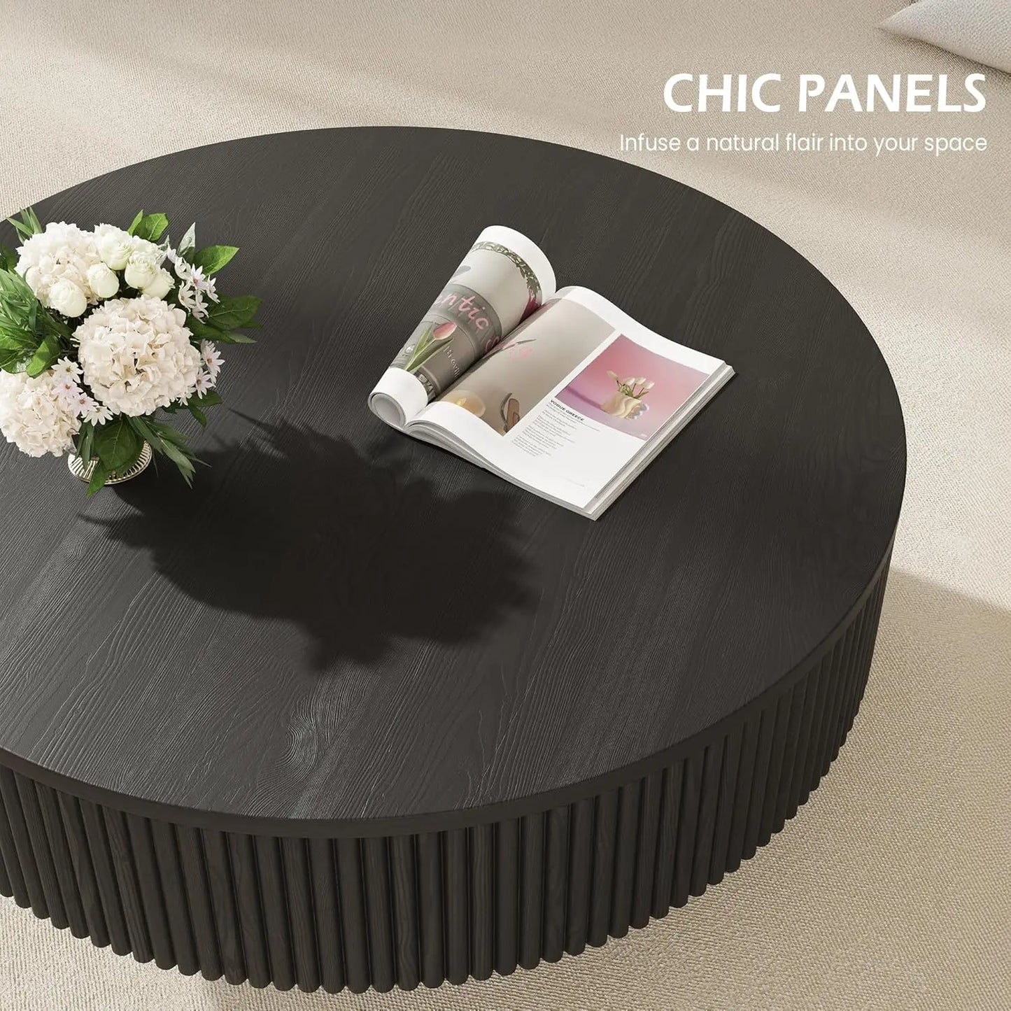 31.5” Round Fluted Coffee Table, Modern Wood Circle Coffee Table, Veneer Handcrafted Relief Tea Table with Sturdy Pedestal for L