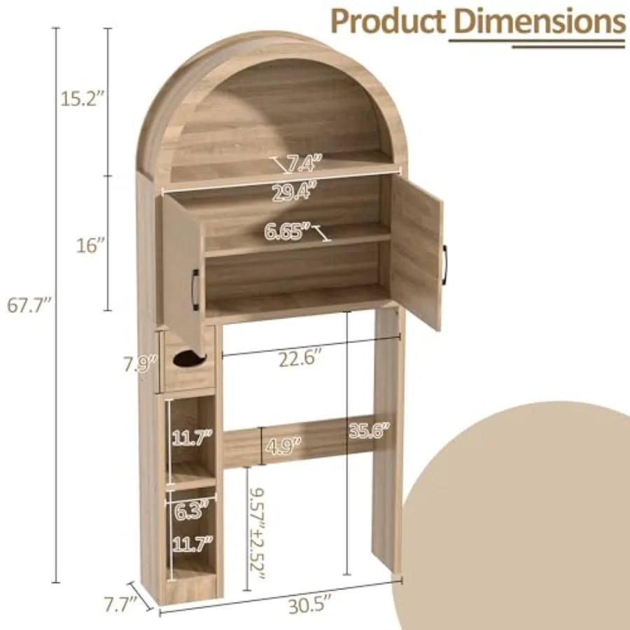 Over The Toilet Storage Cabinet Bathroom Shelf Organizer Freestanding Wood Arch Cabinet with Toilet Paper Holder and Anti-Tippi