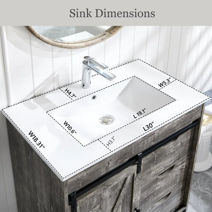 RBXC Farmhouse Bathroom Vanity With Sink, Barn Door Storage Cabinet