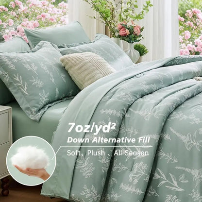 Queen Comforter Set 7 Pieces, Sage Green Bed in a Bag Queen Reversible Botanical Flowers Design, Ultra Soft amp Breathable Beddi