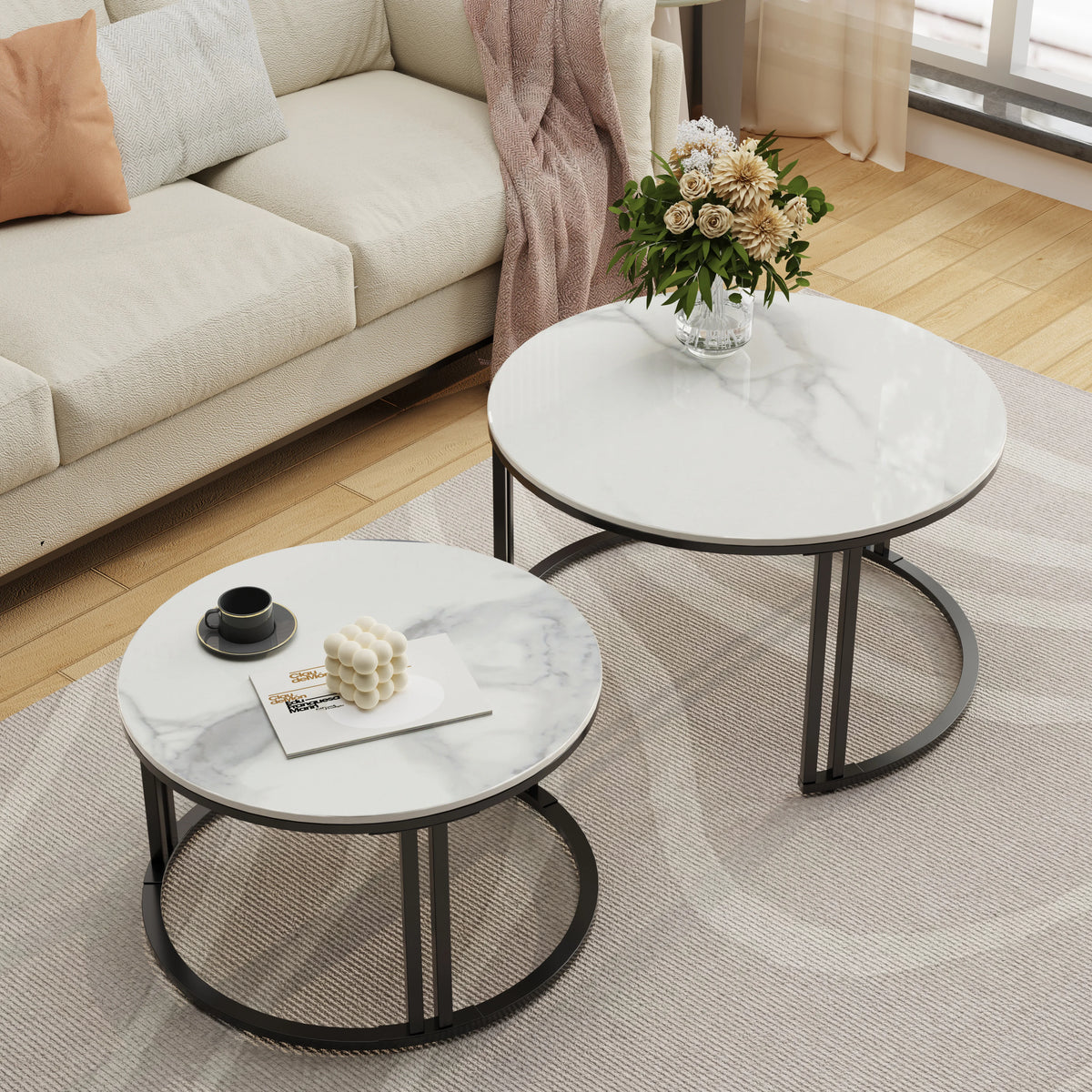 Modern Nesting Coffee Tables Set of Two with Metal Frames