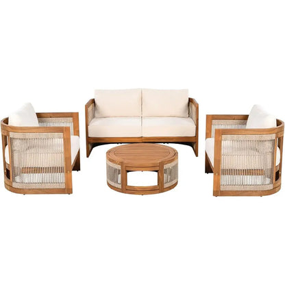 4-Piece Patio Contion Set, All Weather Sectional Soa Set w/ 2 Chairs, Loveseat &amp; Table Premium, Acacia Wood Outdoor urniture Set