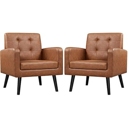 Mid Century Modern Faux Leather Tufted Armchairs With Rubberwood Legs