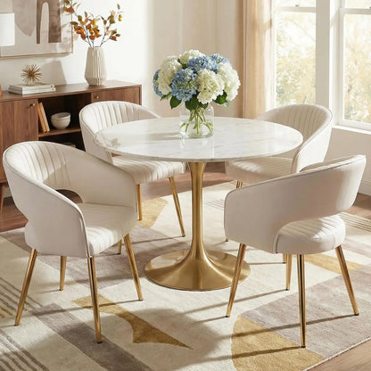Faux Leather Dining Chairs Gold Legs, Modern Cream PU Leather Dining Room Chairs with Arms Set of 4 Upholstered, Customized