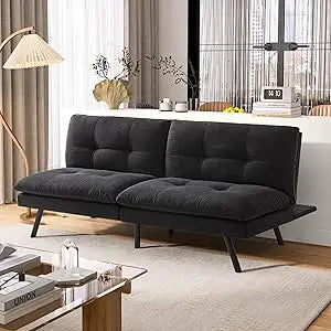 Faux Leather Futon Sofa Bed With Memory Foam Sleeper
