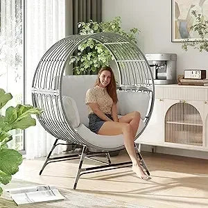 BestsellerEgg Chair Outdoor Indoor, Oversized Rattan Chair with Thicken Cushion, 350LBS Capacity Wicker Patio Lounge Chair, Bask