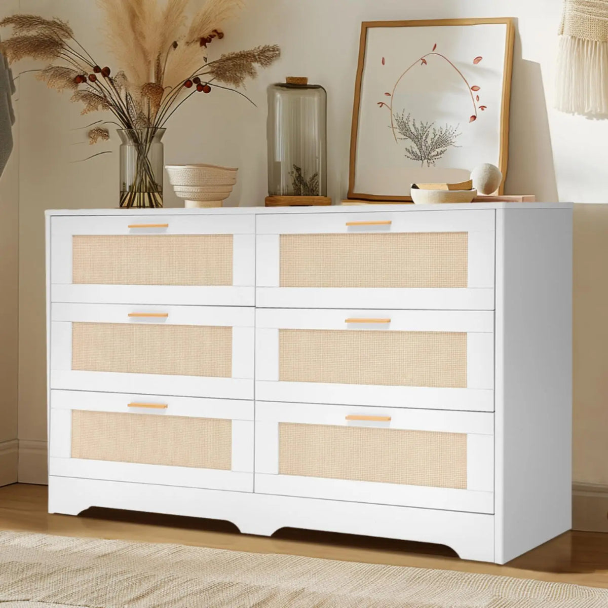 Rattan Six Drawer Dresser for Bedroom and Living Room Storage