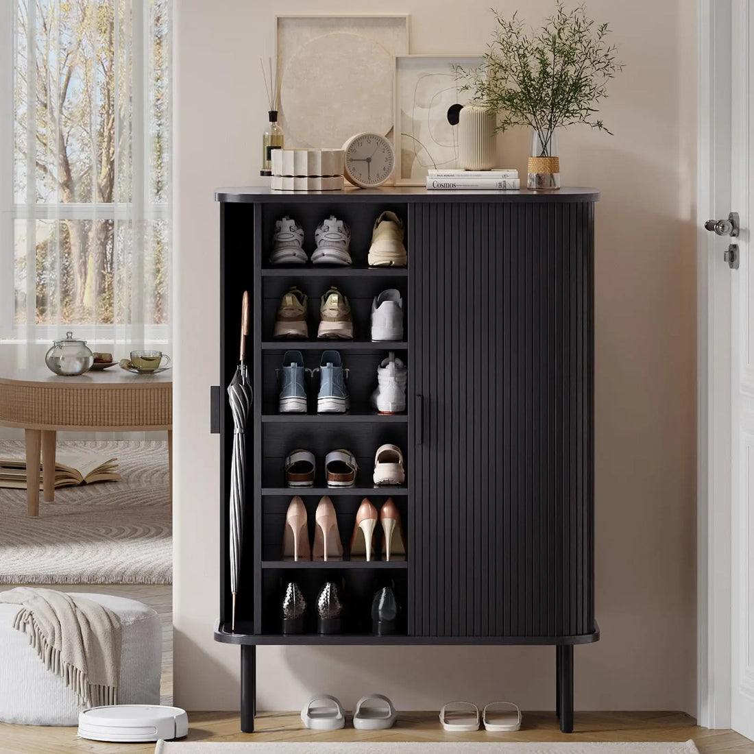 ONBRILL Fluted Six Tier Shoe Cabinet With Sliding Door