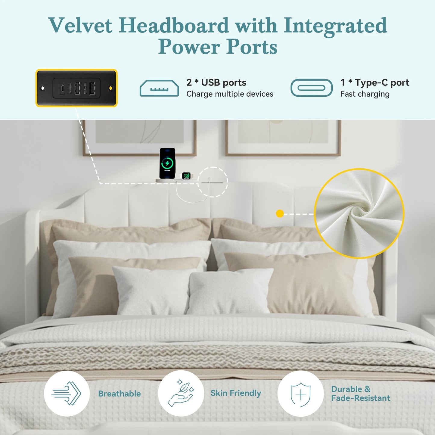 HOOMIC Velvet Platform Bed Frame With Headboard And Charging Station