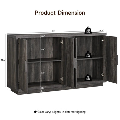 Buffet Cabinet With Storage, 63" Mid-Century Modern Sideboard Cabinet With 4 Doors &amp; Shelves, Kitchen Coffee Bar Credenza