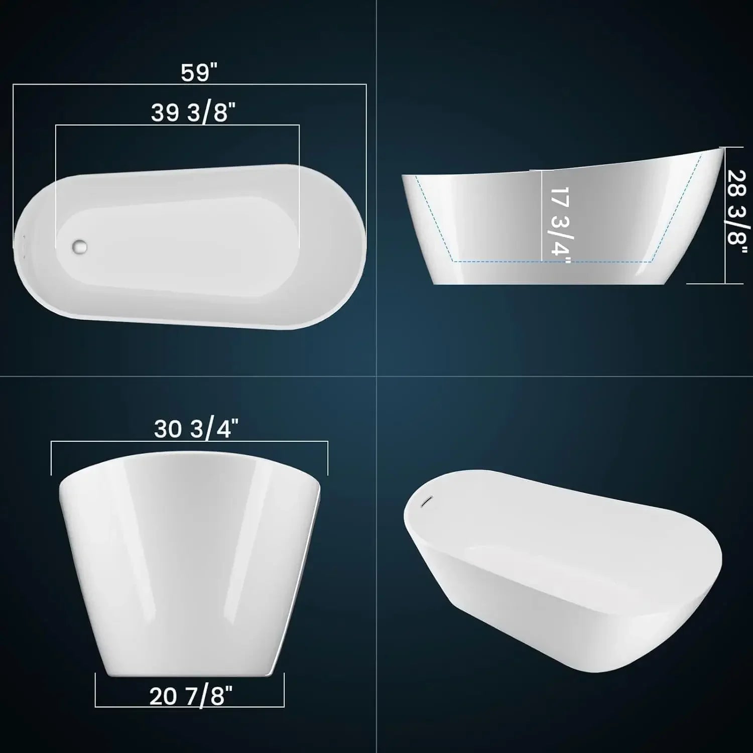 59" Acrylic Freestanding Soaking Bathtub, Free Standing Tub, Stylish Stand Alone Contemporary Soaking Tub with Integrated Overfl