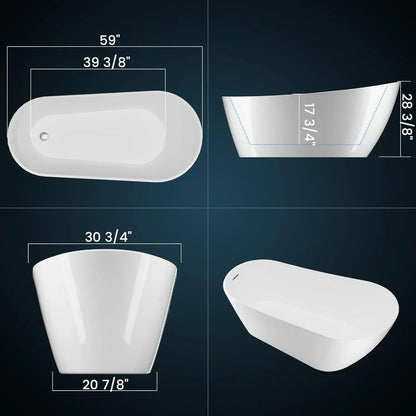 59" Acrylic Freestanding Soaking Bathtub, Free Standing Tub, Stylish Stand Alone Contemporary Soaking Tub with Integrated Overfl