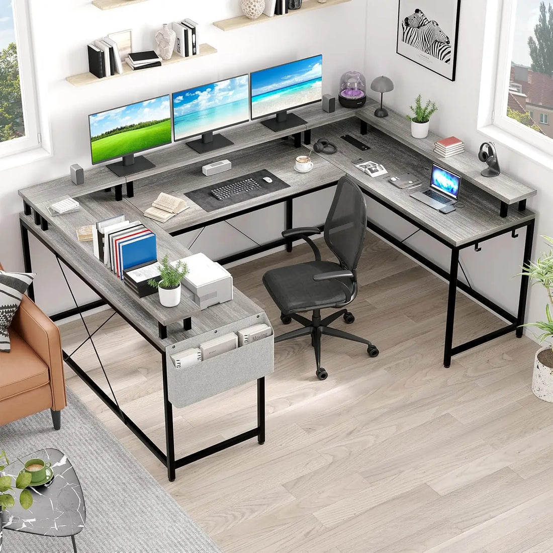 U Shaped Gaming Desk with Monitor Stand Storage Shelves, Corner Computer Desk with 2 Power Outlet Adjustable RGB Color LED Light