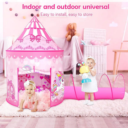 Pink Princess Play Tent Set with Ball Pit and Tunnel for Girls Indoor Outdoor Birthday Gift