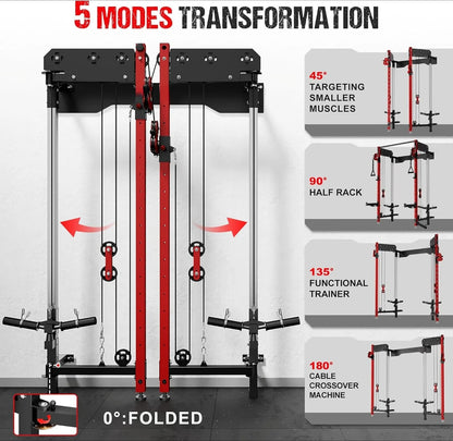 WM3-V4 Folding Squat Rack, Wall Mounted Power Rack with Dual Independent Pulley System