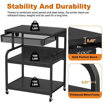 Large Printer Stand w/ Drawer, 5-Adjustable Heights 3 Tier Table w/ Wheels,Printer Cart for Printer Scanner Fax Home Office Use