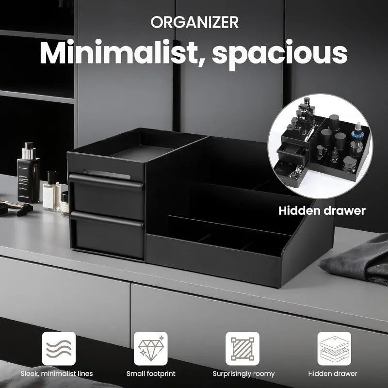 Black Skincare Organizer with Drawers Large Capacity Vanity Countertop Cosmetic Storage Box Multi Compartment Perfume Toiletry Bathroom Desktop Makeup Caddy