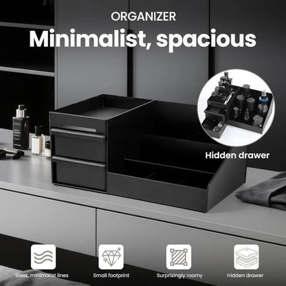 Black Skincare Organizer with Drawers Large Capacity Vanity Countertop Cosmetic Storage Box Multi Compartment Perfume Toiletry Bathroom Desktop Makeup Caddy