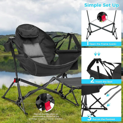 Hammock Camping Chair with ootrest, Oversized olding Swinging Chair or Adults, Rocking Portable Camp with Cup Holder Pillow or O