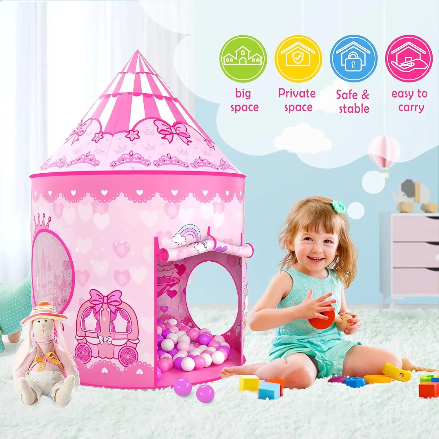 Pink Princess Play Tent Set with Ball Pit and Tunnel for Girls Indoor Outdoor Birthday Gift
