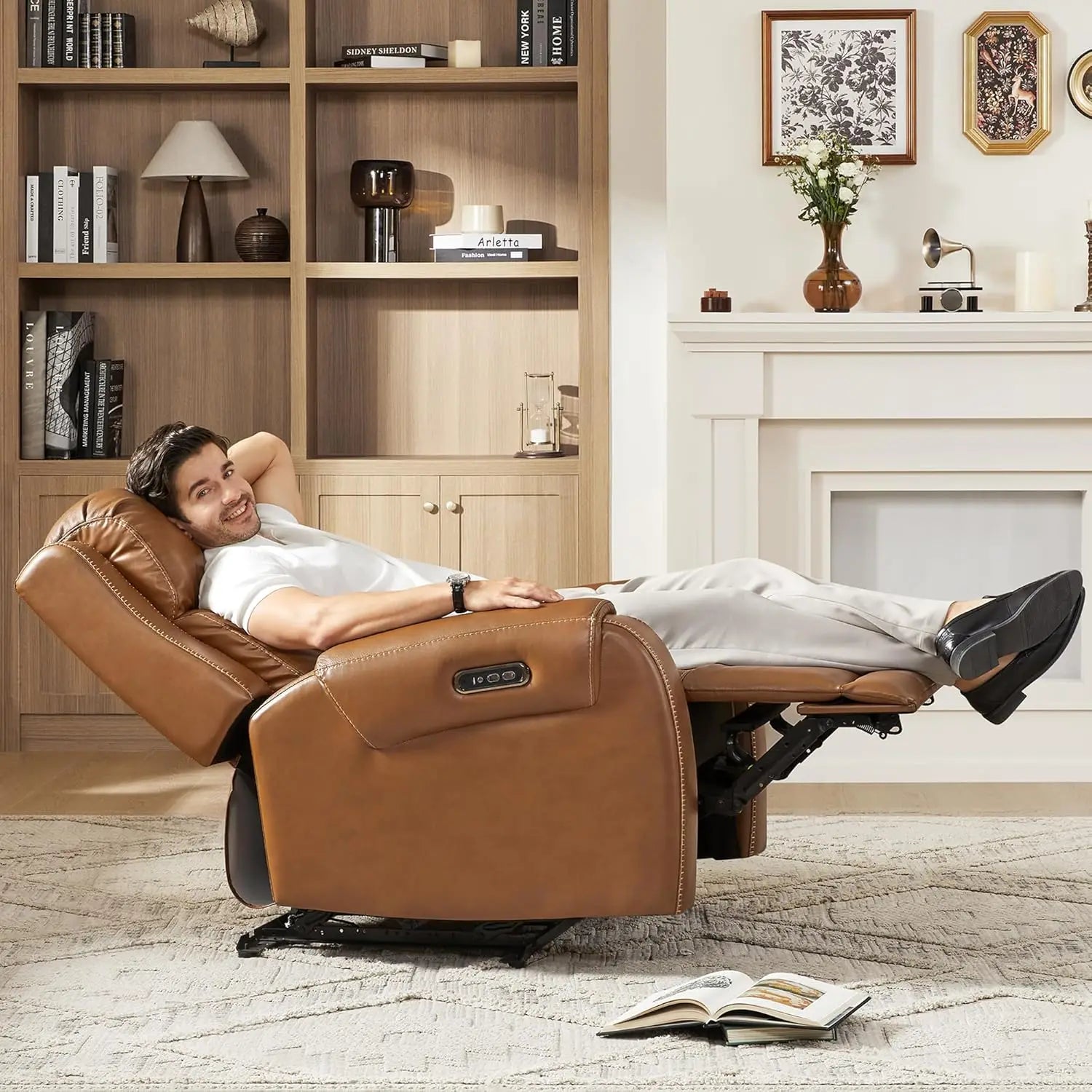 Genuine Leather Power Recliner Chair for Adults, Electric Wall Hugger Recliner with Adjustable Power Headrest &amp; USB/Type-C Ports