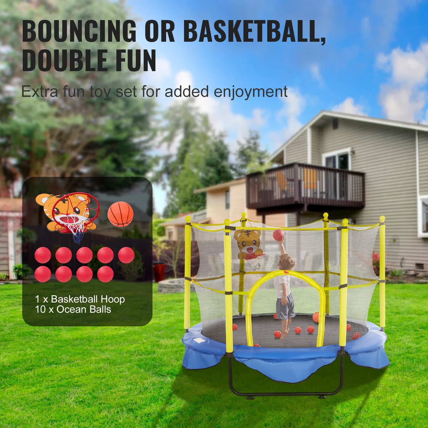 VEVOR Trampoline With Safety Enclosure Net And Basketball Hoop