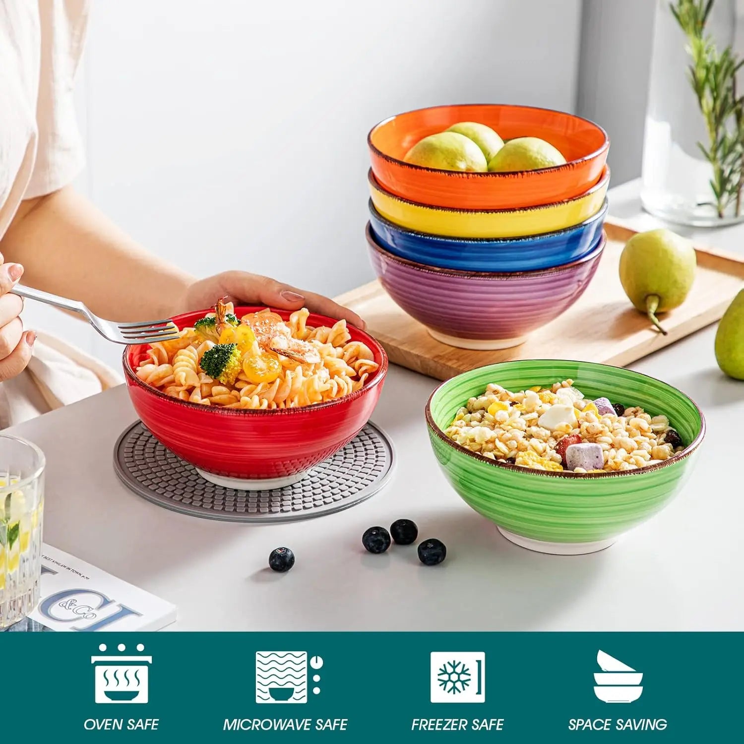 Set of 6 Colorful Ceramic Soup Bowls, 27 Oz Microwave &amp; Dishwasher Safe Kitchen Serving Bowls