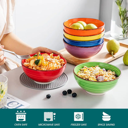 Set of 6 Colorful Ceramic Soup Bowls, 27 Oz Microwave &amp; Dishwasher Safe Kitchen Serving Bowls