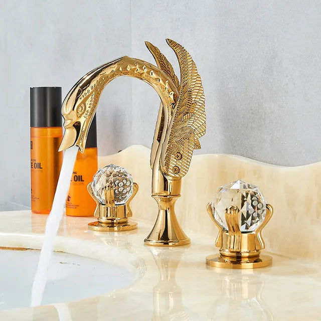 Rozin Gold Swan Basin Faucet Luxury Deck Mounted Dual Crystal Handle Bathroom Mixer Tap Cold and Hot Water Mixer Faucet