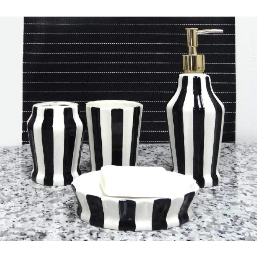 Tuscany Embossed Hand Painted Ceramic 4-Piece Bathroom Accessories Set in Striped White/Black with Premium Texture and Elegant