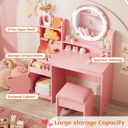 Kids Vanity with Lights, Princess Makeup Vanity Desk with Open Bookshelf, Storage Cabinet &amp; Shelves, Toddler Vanity Tabl