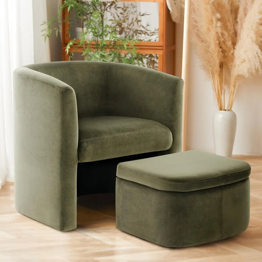 Upholstered Velvet Barrel Accent Chair with Storage Ottoman, Morden Living Room Chair with Lounge Seat for Bedroom/Readin