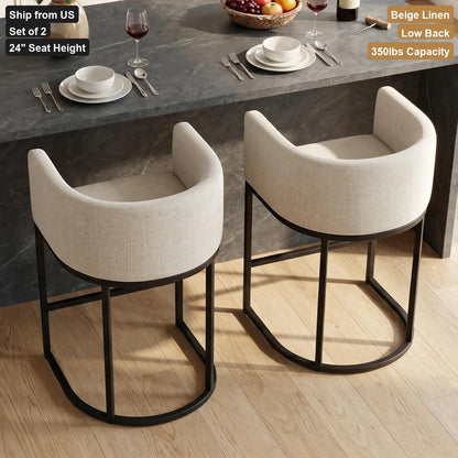 Counter Height Bar Stools Set of 2, 24 Inch Beige Linen Upholstered Barstools Low Back Seat for Kitchen Island Dining Room