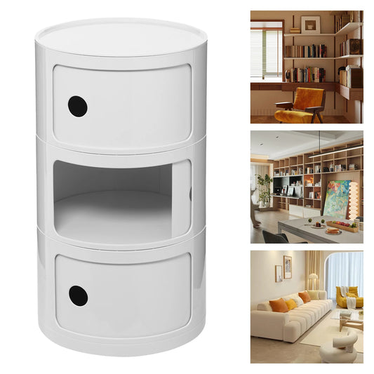 3 Layers Round Bedside Cabinet with 3 Drawers Cabinet with Storage - Round End Table Nightstand for Bedroom Living Room White